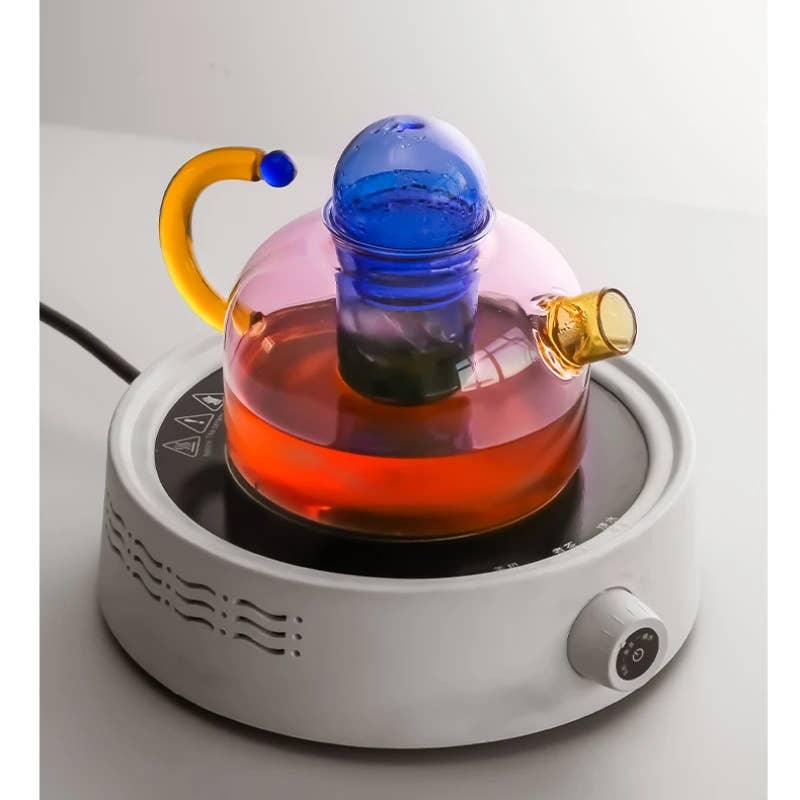 Contrasting Color Heat Resistant Glass Teapot and Cups: Blue Kettle