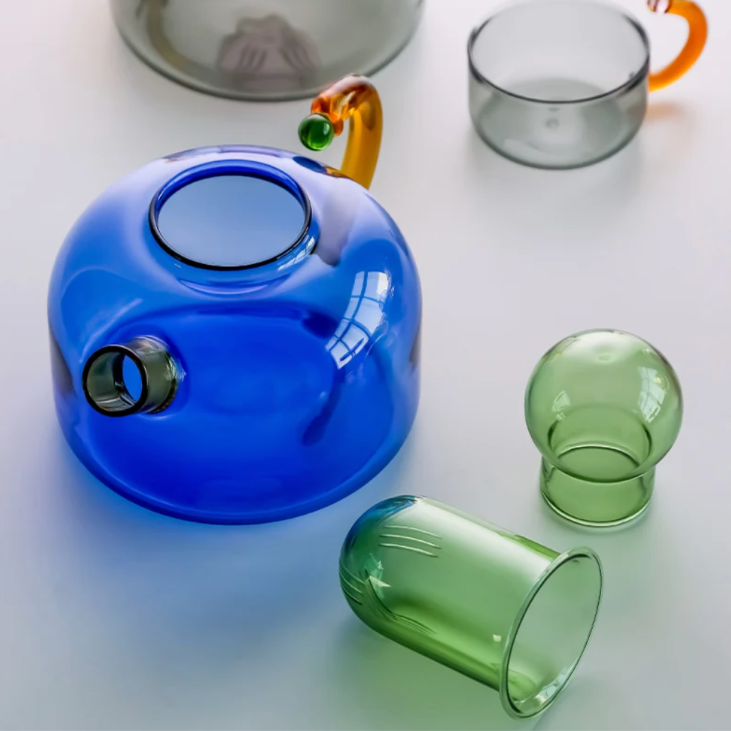 Contrasting Color Heat Resistant Glass Teapot and Cups: Blue Kettle